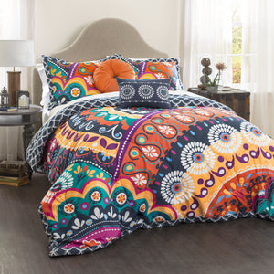 Maya Quilted Comforter Navy/Orange 5pc Set Full/ Queen